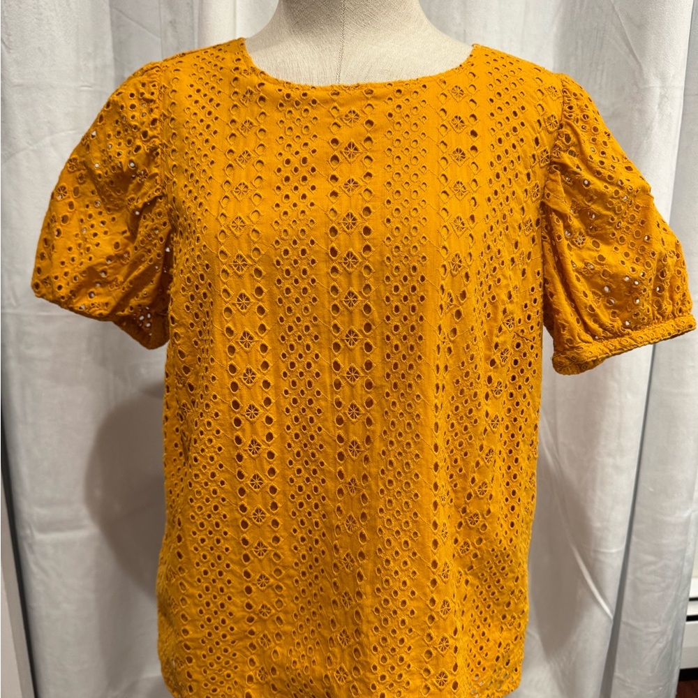 J. Crew Mustard Eyelet Blouse with Puff Sleeves